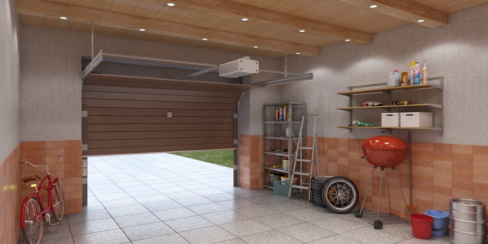 Garage interior with open door, 3d illustration garage safety